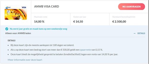 Details van creditcard ANWB Visa: spaarrente omlaag