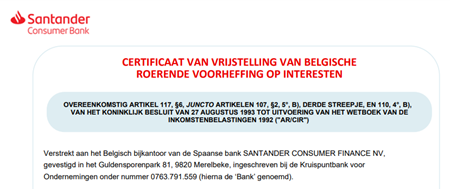 Vrijstelling bronbelasting Santander spaarrekening in België